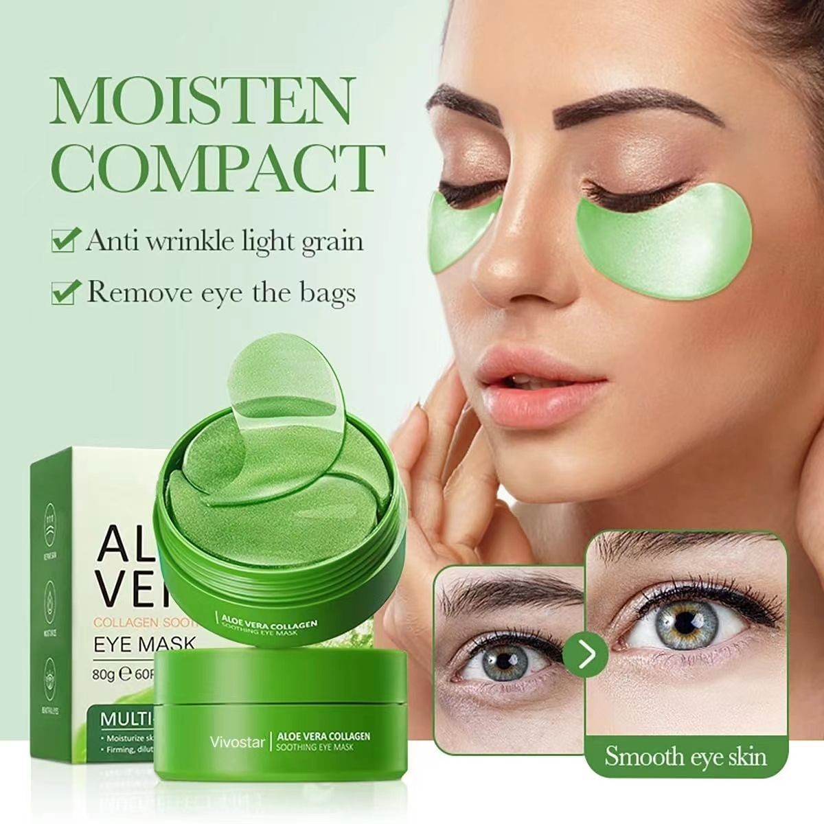 A model wearing the green gel patches under both eyes.