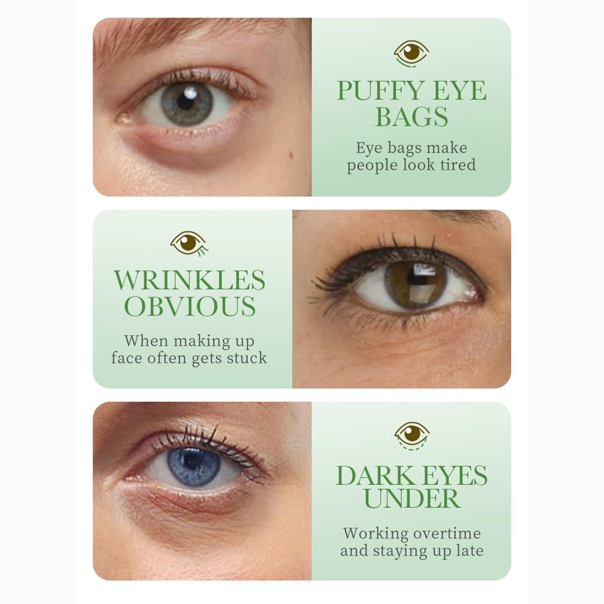Listing artwork naming puffy eye bags, visible wrinkles and dark circles as the problems the product addresses.